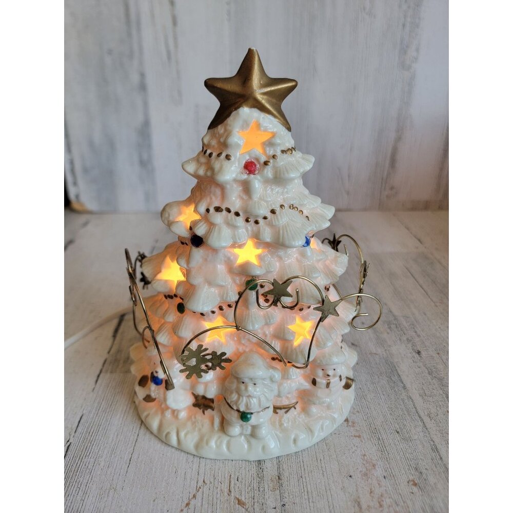White Ivory lighted ceramic Xmas tree Snowman Santa Claus figure
